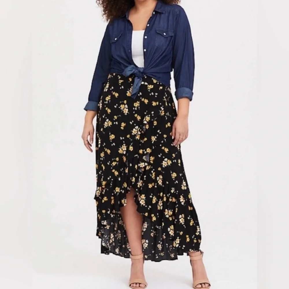 Torrid Black Yellow Floral High Low Ruffle Maxi Skirt Boho Flowy 10 00 Challis